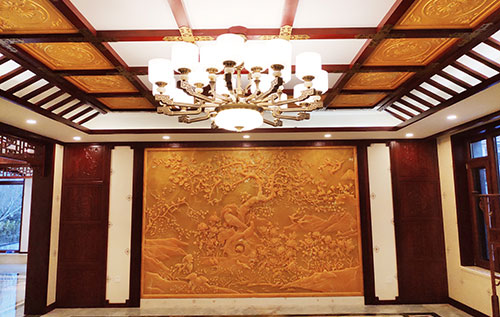 魏都中式别墅客厅中式木作横梁吊顶装饰展示